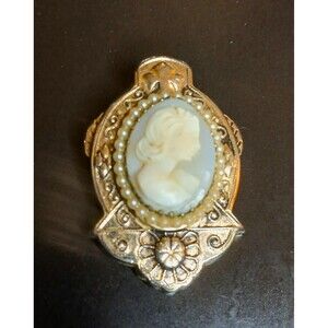 Coro Victorian Revival Cameo Brooch • Pearl Halo • Vintage Mid Century Pin